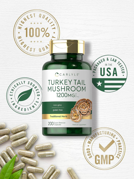Carlyle Turkey Tail Mushroom Capsules | 1200mg | 200 Count | Non-GMO & Gluten Extract