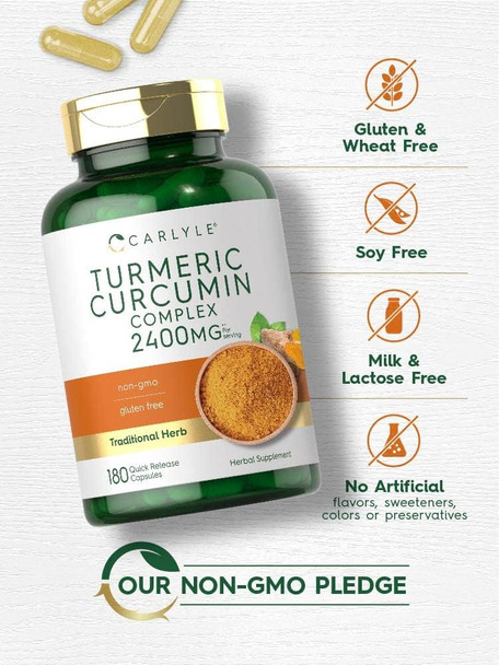 Carlyle Turmeric Curcumin Supplement 2400mg | 180 Powder Capsules | Herbal Complex | Non-GMO Gluten Formula