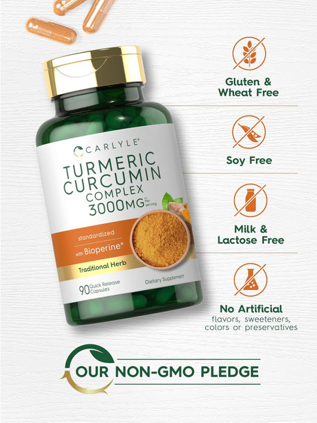 Carlyle Turmeric Curcumin with Black Pepper 3000mg | 90 Powder Capsules | Complex Supplement with Bioperine | Non-GMO Gluten