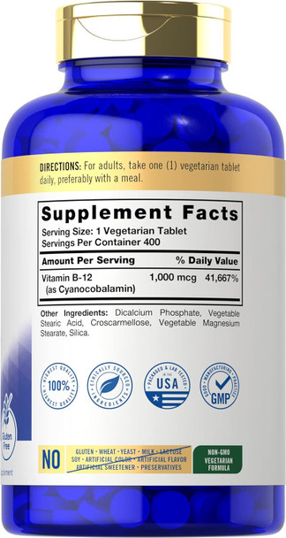 Carlyle Vitamin B12 1000mcg | 400 Tablets | Vegetarian Non-GMO Gluten Supplement
