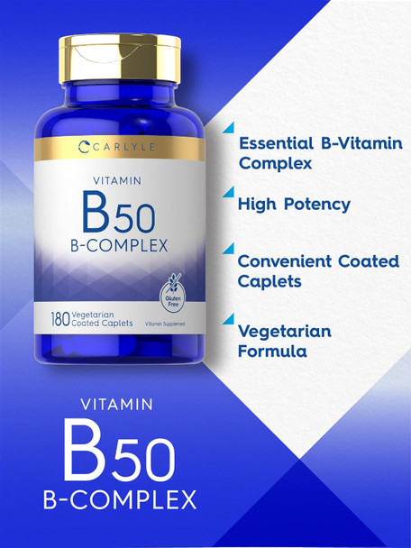 Carlyle Vitamin B50 Complex | 180 Caplets | Vegetarian Non-GMO Gluten