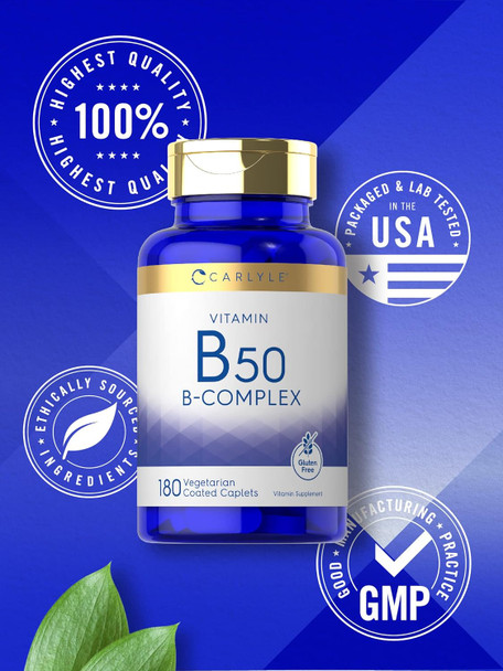 Carlyle Vitamin B50 Complex | 180 Caplets | Vegetarian Non-GMO Gluten