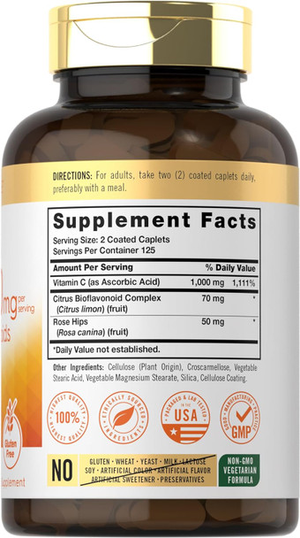 Carlyle Vitamin C 1000mg with Bioflavonoids | 250 Caplets | with Rose HIPS | Vegetarian Non-GMO Gluten