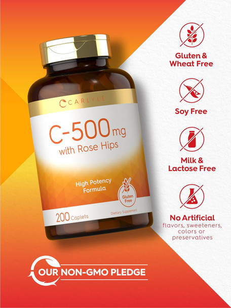 Carlyle Vitamin C with Rose HIPS 500mg | 200 Caplets | High Potency Formula | Vegetarian Non-GMO and Gluten Supplement