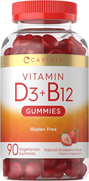 Carlyle Vitamin D3 + B12 Complex Gummies | 90 Count | Vegetarian Non-GMO and Gluten Formula | Strawberry Flavor Supplement