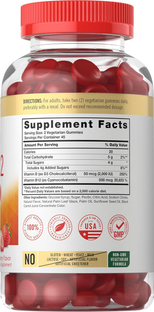 Carlyle Vitamin D3 + B12 Complex Gummies | 90 Count | Vegetarian Non-GMO and Gluten Formula | Strawberry Flavor Supplement