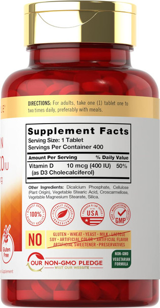 Carlyle Vitamin D3 | 400iu (10mcg) | 400 Tablets | Value Size | Vegetarian Non-GMO and Gluten Formula | Vitamin D Supplement