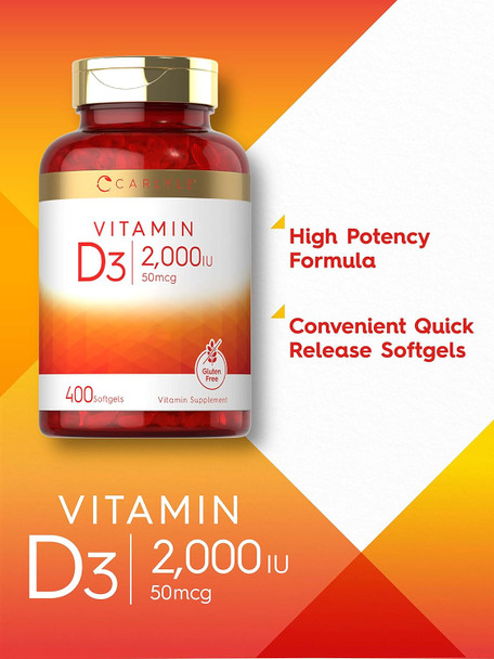 Carlyle Vitamin D3 2000IU Softgels | 400 Count | Non-GMO Gluten Formula | 50 mcg | Vitamin D Supplement