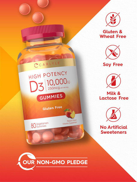 Carlyle Vitamin D3 Gummies | 10000 iu | 80 Count | Peach Flavored Gummy | High Potency for Women & Men |Vegetarian Non-GMO Gluten Supplement
