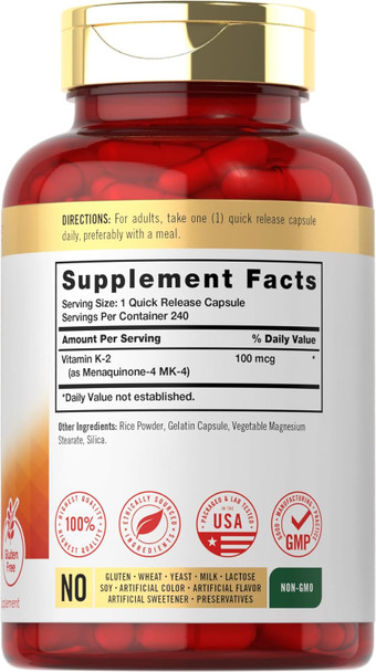Carlyle Vitamin K2 Supplement 100 mcg | K2 MK-4 | 240 Capsules | Non-GMO & Gluten