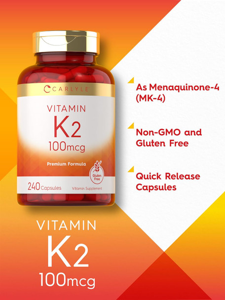 Carlyle Vitamin K2 Supplement 100 mcg | K2 MK-4 | 240 Capsules | Non-GMO & Gluten