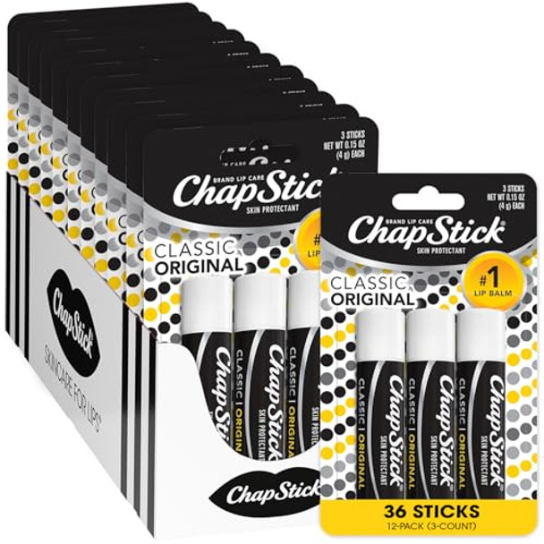Chapstick Bulk Lip Balm Classic Original 3-Packs (12 Sets/36 Tubes) – Moisturizing Lip Care 0.15 Oz Ea