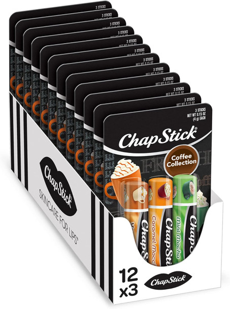 Chapstick Coffee Collection Coffee Lip Balm Tubes Lip Moisturizer and Skin Protectant - 0.15 Oz (Box of 12 Packs of 3).