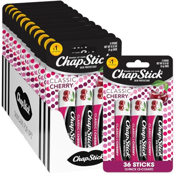 Chapstick Lip Balm Classic Cherry 3-Packs (12 Sets/36 Tubes) – Bulk Lip Care Fruity & Sweet 0.15 Oz Ea