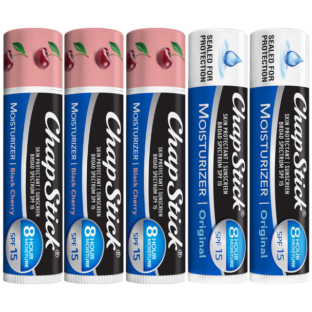 Chapstick Lip Balm Moisturizer 2-in-1 Lipcare SPF 15 Bundle – Black Cherry 3-Pack + Original 2-Pack 0.15 Oz Ea (5 Piece Set)