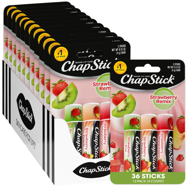 Chapstick Lip Moisturizer Strawberry Remix 3-Packs (12 Sets/36 Tubes) – Bulk Lip Balm Refreshing & Sweet 0.15 Oz Ea