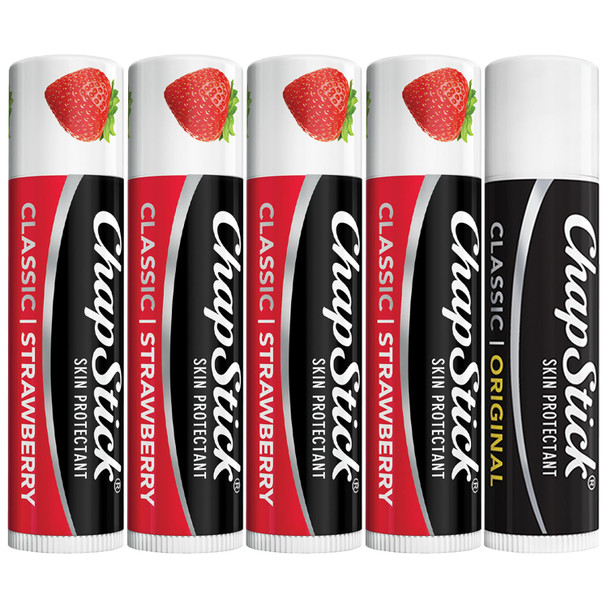 Chapstick Strawberry Lip Balm 4-Pack + 1 Classic Original Lip Moisturizer 0.15 Oz Ea (5 Piece Set)