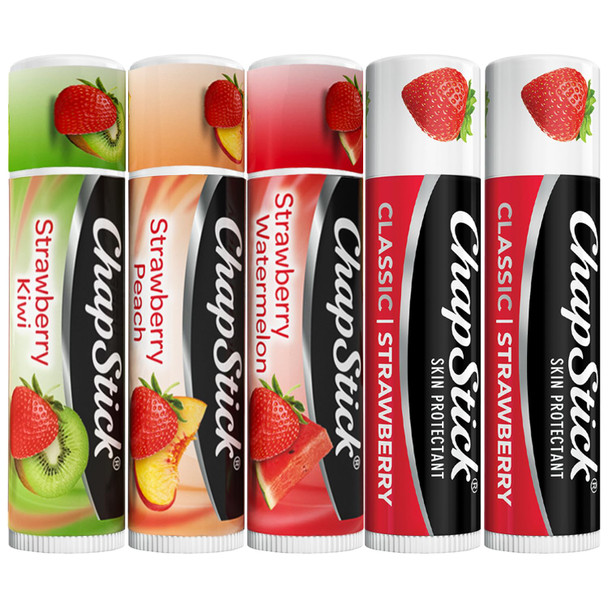 Chapstick Strawberry Lip Balm Bundle – Strawberry Remix 3-Pack + Original Strawberry 2-Pack Lip Moisturizer 0.15 Oz Ea (5 Piece Set)