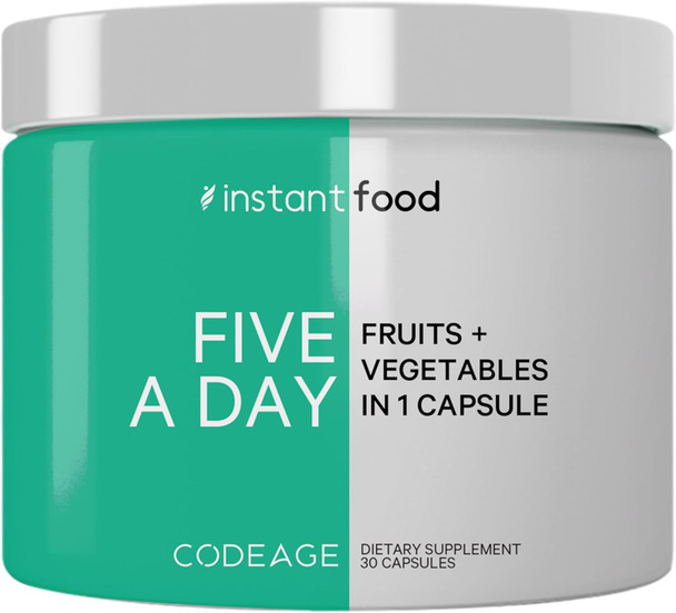 Codeage 5 Servings of Fruits & Veggies Equivalent in 1 Single Capsule - Whole Food Instantfood with 15 Greens & Fruits in All-in-One Pill Eat Vegetables - Vegan Vitamins Supplement - Non-GMO - 30 ct