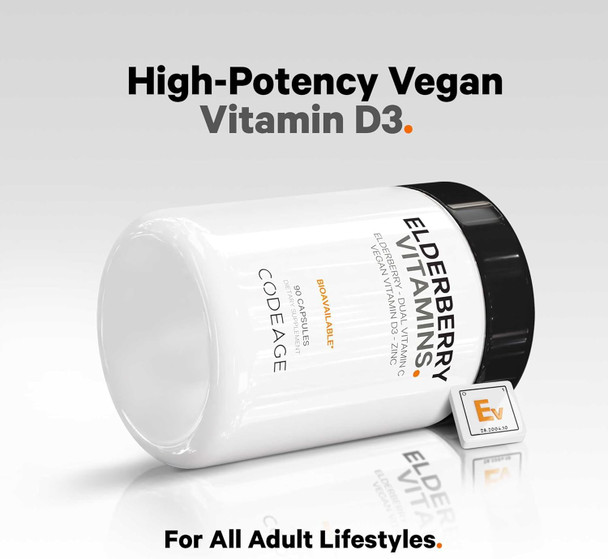 Codeage Elderberry Vitamins - Organic Fermented Elderberry Blend Vitamin C from Ascorbic Acid & Organic Acerola Cherries Vitamin D3 Zinc Elderberry Fruit Pills Sambucus Berries - 90 Capsules