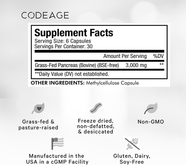 Codeage Grass Fed Beef Pancreas Supplement Glandulars - ze Dried Non-Defatted Desiccated Beef Pancreas Pills – Pancreatic Enzymes Diet Meat - Pasture Raised Bovine Vitamins - 180 Capsules