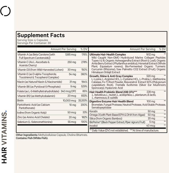Codeage Hair Vitamins 10000 mcg Biotin Keratin Collagen Vitamin A B12 C D3 E Zinc Turmeric Probiotics Enzymes Inositol - Hair Care Support - Healthy Hair Supplement Pills - 120 Capsules