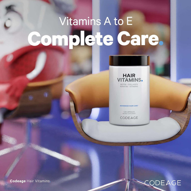 Codeage Hair Vitamins 10000 mcg Biotin Keratin Collagen Vitamin A B12 C D3 E Zinc Turmeric Probiotics Enzymes Inositol - Hair Care Support - Healthy Hair Supplement Pills - 120 Capsules