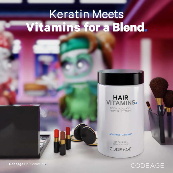 Codeage Hair Vitamins 10000 mcg Biotin Keratin Collagen Vitamin A B12 C D3 E Zinc Turmeric Probiotics Enzymes Inositol - Hair Care Support - Healthy Hair Supplement Pills - 120 Capsules