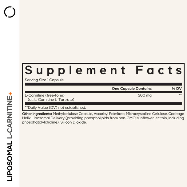 Codeage Liposomal L Carnitine+ Supplement 500 mg LCarnitine L-Tartrate per Serving - -Form Amino Acid  Carnitine  Liposomal Delivery Vegan Non GMO Gluten 90 Capsules