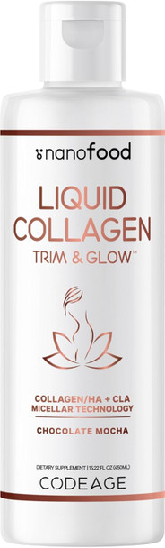 Codeage Liquid Collagen Supplement Chocolate Flavor Beauty Trim & Glow Liposomal Collagen Peptides CLA Conjugated Linoleic Acid Hyaluronic Acid Vitamin E Hydrolyzed Non-GMO 15.22 fl oz
