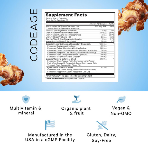 Codeage Lungs Vitamins A C D E B6 Milk Thistle Lung Supplement Zinc & Magnesium Cordyceps Reishi Chaga Poria Tylophora Ginger Peppermint Leaf Organic Herb Cleanse - Non-GMO - 90 Capsules