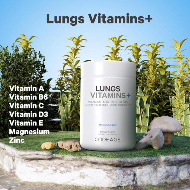 Codeage Lungs Vitamins A C D E B6 Milk Thistle Lung Supplement Zinc & Magnesium Cordyceps Reishi Chaga Poria Tylophora Ginger Peppermint Leaf Organic Herb Cleanse - Non-GMO - 90 Capsules