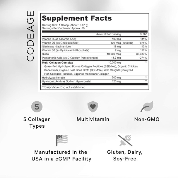 Codeage Multi Collagen for Women & Men Biotin 10000mcg Keratin Protein Powder Vitamin C B6 D3 Hyaluronic Acid Niacin - Hydrolyzed Collagen Coffee Creamer 5 Types - Unflavored - Non-GMO - 11.5oz