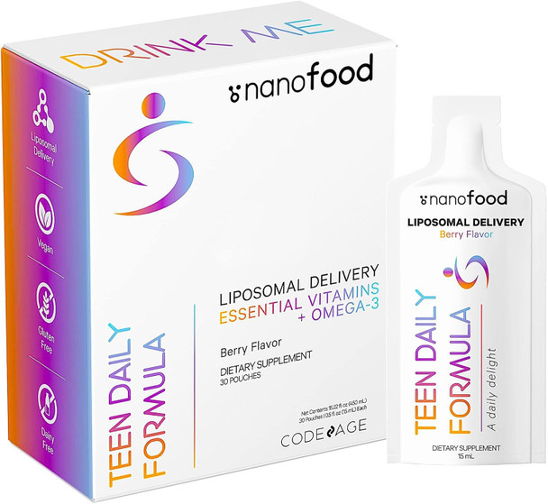 Codeage Multivitamins For Teens Liquid Vitamin C for Teenagers Vitamin A B6 B12 D3 E For Kids Biotin Zinc Omega-3 Folate Liposomal Vitamins Supplement One Daily Sachet Vegan Non-GMO 30 Pouches