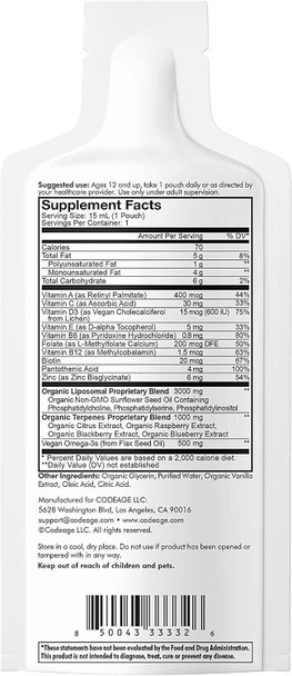 Codeage Multivitamins For Teens Liquid Vitamin C for Teenagers Vitamin A B6 B12 D3 E For Kids Biotin Zinc Omega-3 Folate Liposomal Vitamins Supplement One Daily Sachet Vegan Non-GMO 30 Pouches
