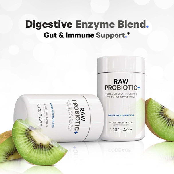 Codeage Raw Probiotic+ Supplement - 34 Probiotic Strains 100 Billion CFUs Raw Whole Food Probiotics Digestive Enzymes Raw Fruits & Veggies Prebiotics - Wild Kefir Culture - Non-GMO - 30 Capsules