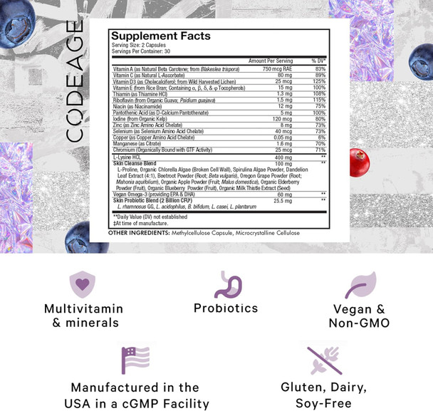 Codeage Teen Clearface Adolescent Face Skin & Pimples Vitamins A C D3 E Pantothenic Acid Niacin Zinc Supplement Teenagers Probiotics L-Lysine Omega-3 Oily Skin Pores Spots - 60 Capsules