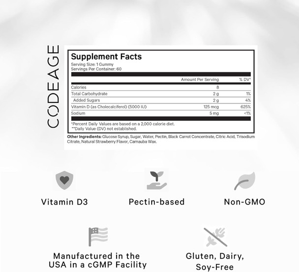 Codeage Vitamin D3 Gummy Vitamins Vitamin D3 5000 IU Gummies Cholecalciferol 125 mcg Soft Pectin-Based Animal Gelatin- Gummy Gummies Vitamins Tasty Strawberry Non-GMO - 2-Pack