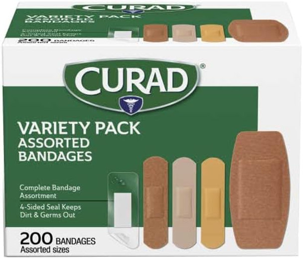 Curad Assorted Adhesive Bandages 4-Sided Seal Variety Pack 200 Count (Pack of 1)