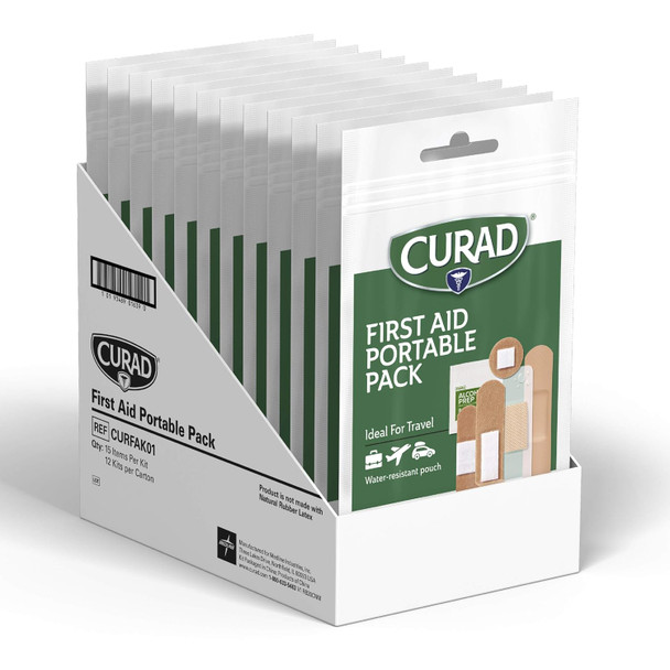 Curad First Aid Portable Pack Ideal for Travel Carry-on Backpacks Water Resistant Pouch Variety Size Bandages Alcohol Swabs 12 Packs