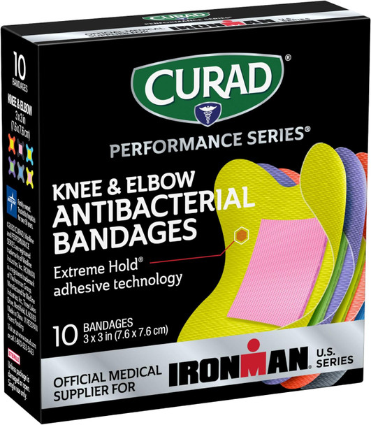 Curad Performance Series IRONMAN Antibacterial Bandages Extreme Hold Adhesive Technology Knee & Elbow 3 inches x 3 inches 10 Count Ideal for Cuts Scrapes Sports and Active Lifestyles