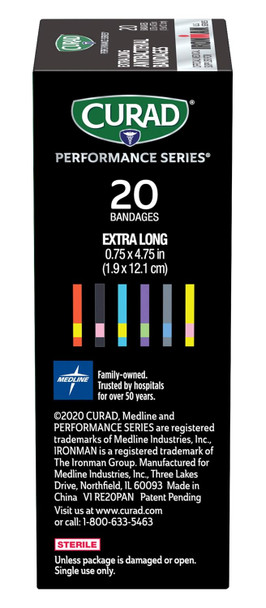 Curad Performance Series Ironman Extra Long Antibacterial Bandage Extreme Hold Adhesive Technology Fabric Bandages.75 x 4.75 Inch 20 Count (Pack of 2)