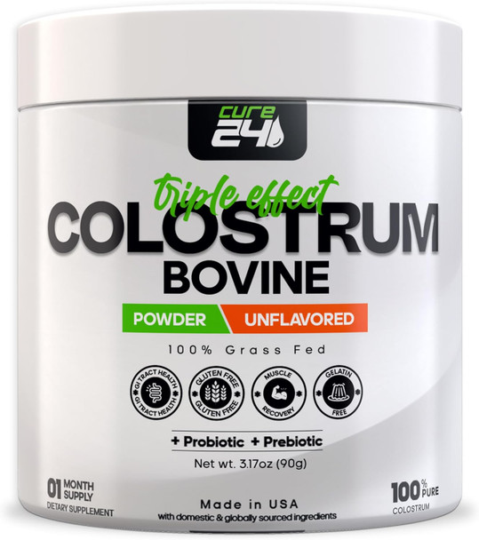 Cure24 Bovine Colostrum X3 Supplement Powder for Humans 100% Pure Whole Natural Grass Fed Superfood High IgG Plus Probiotic & Prebiotic Unflavored Made in USA
