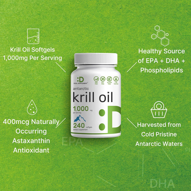 Deal Supplement Antarctic Krill Oil 1000mg Per Serving 240 Softgels – Mercury No Fishy Taste – Rich in Omega-3s EPA DHA Astaxanthin & Phospholipids – Non-GMO No Gluten