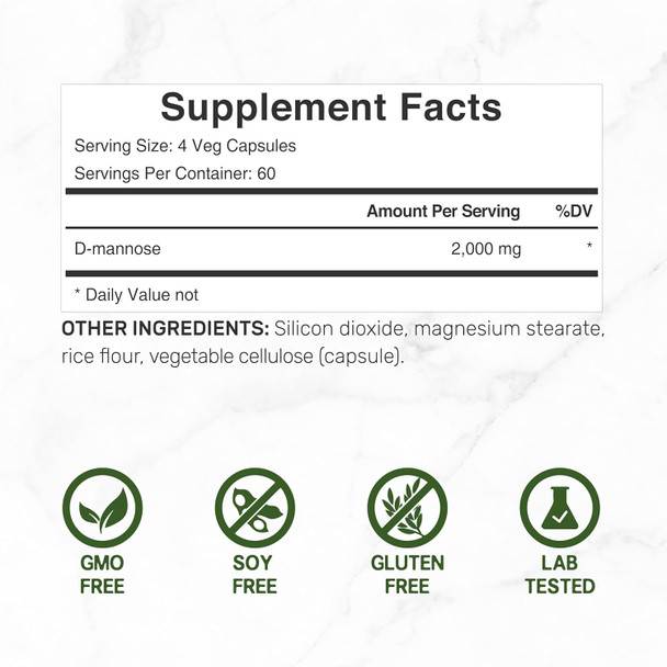 Deal Supplement D Mannose 500mg Capsules (2000mg Per Serving) 240 Veggie Pills – Fast Acting Water-Soluble Form – Extra Strength Urinary Tract (UTI) Health Support – Non-GMO Vegan Friendly