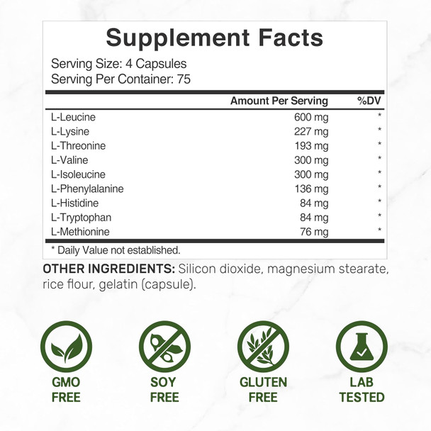 Deal Supplement Essential Amino Acids (EAA) 2000mg Per Serving 300 Capsules – Unflavored - 9 in 1 All BCAAs (Branched-Chain Aminos) – Lean Muscle Support & Natural Pre Workout Supplement