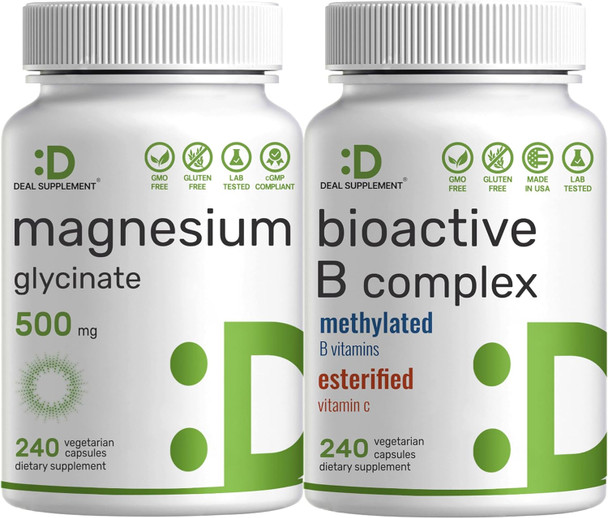 Deal Supplement Magnesium Glycinate 500mg Veggie Capsules & Bioactive Vitamin B Complex Bundle Pack – Easily Absorbed Chelated Mineral – Immune Energy & Metabolism Supplement