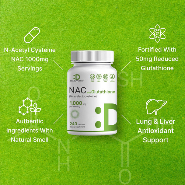 Deal Supplement NAC Supplement (N-Acetyl Cysteine) 1000mg Per Serving with Reduced Glutathione 240 Capsules – Antioxidant Support for Immune Health Lung & Liver Function