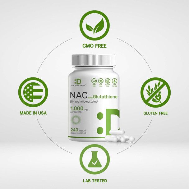 Deal Supplement NAC Supplement (N-Acetyl Cysteine) 1000mg Per Serving with Reduced Glutathione 240 Capsules – Antioxidant Support for Immune Health Lung & Liver Function