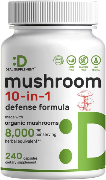 Deal Supplement Organic Mushroom Supplement 8000mg Per Serving 240 Capsules – 10 in 1 Defense Formula – Turkey Tail Lions Mane Cordyceps Chaga & More – Immune Energy & Brain Support – Non-GMO